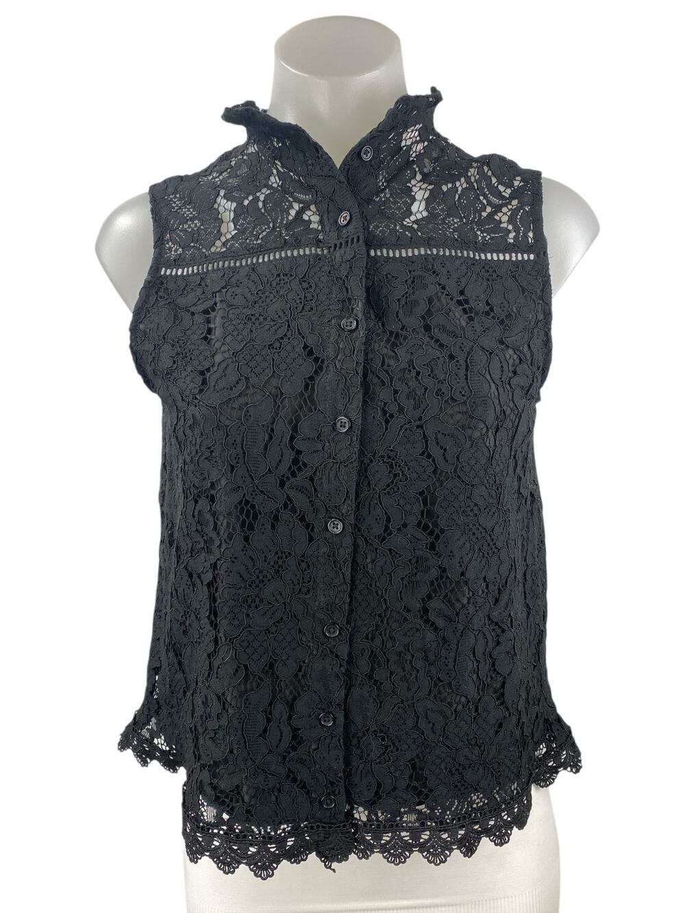 Jack by BB Dakota Black Floral Lace Sleeveless Scallop Button Up Blouse Top Sz S